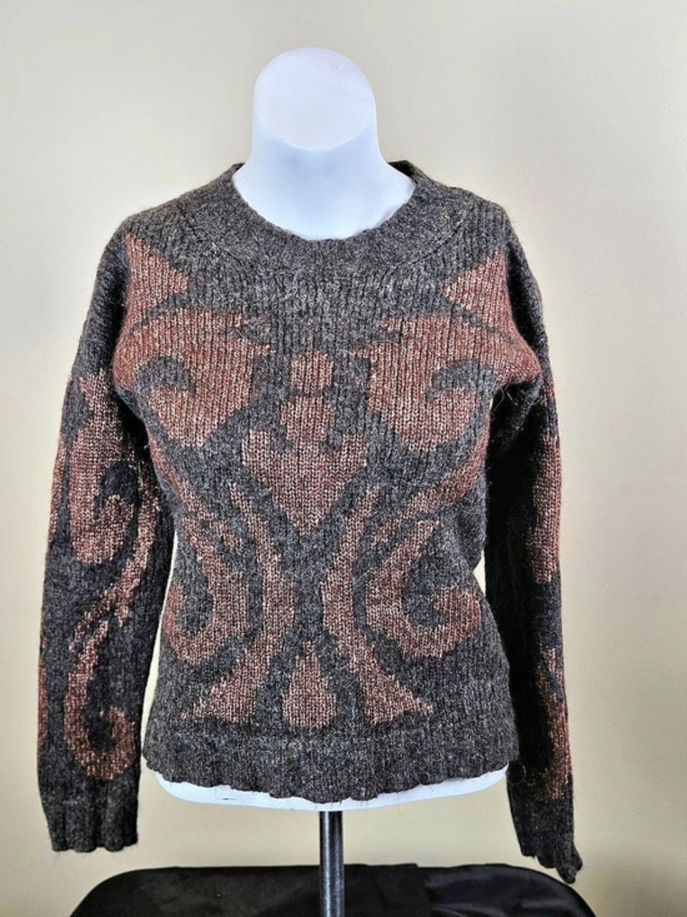 Cosy Luxury Mohair Alpaca Wool Blend Baroque Intarsia Knit Crewneck Sweater